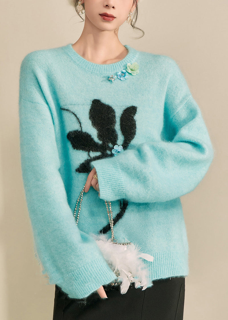 Natural Blue Print Cozy Cotton Knit Sweaters Spring