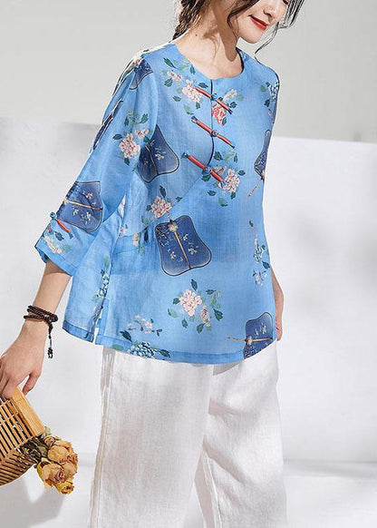 Natural Blue Print Oriental Summer Ramie Shirt