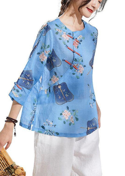 Natural Blue Print Oriental Summer Ramie Shirt
