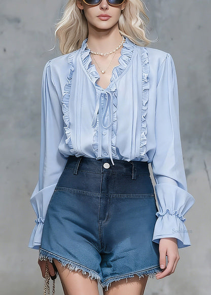 Natural Blue Ruffled Patchwork Tie Lace Shirts Spring