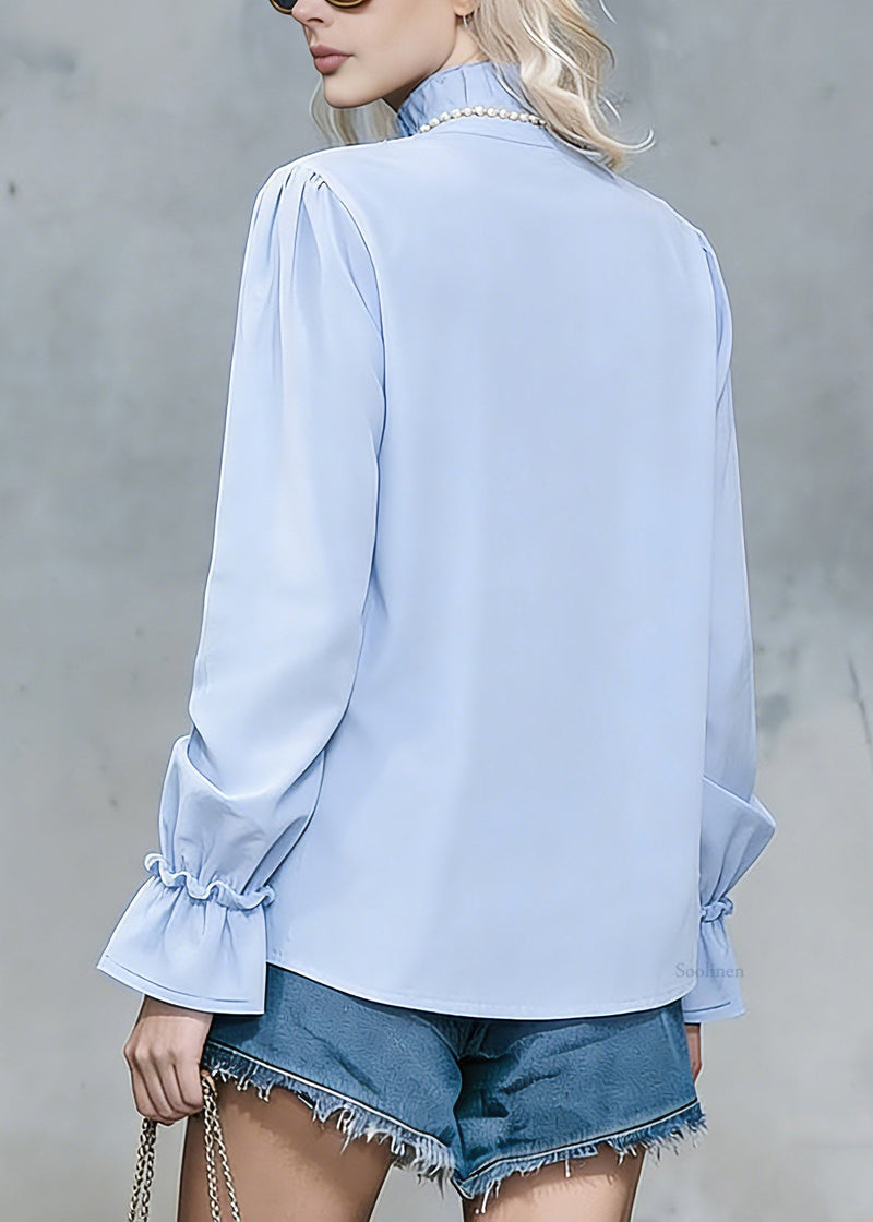 Natural Blue Ruffled Patchwork Tie Lace Shirts Spring