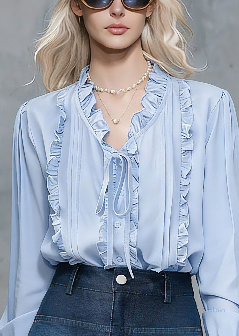 Natural Blue Ruffled Patchwork Tie Lace Shirts Spring
