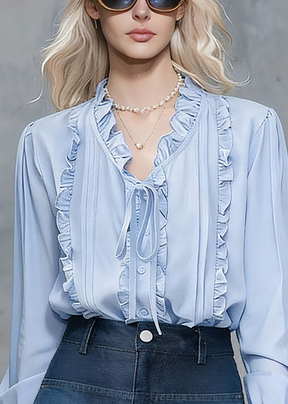 Natural Blue Ruffled Patchwork Tie Lace Shirts Spring