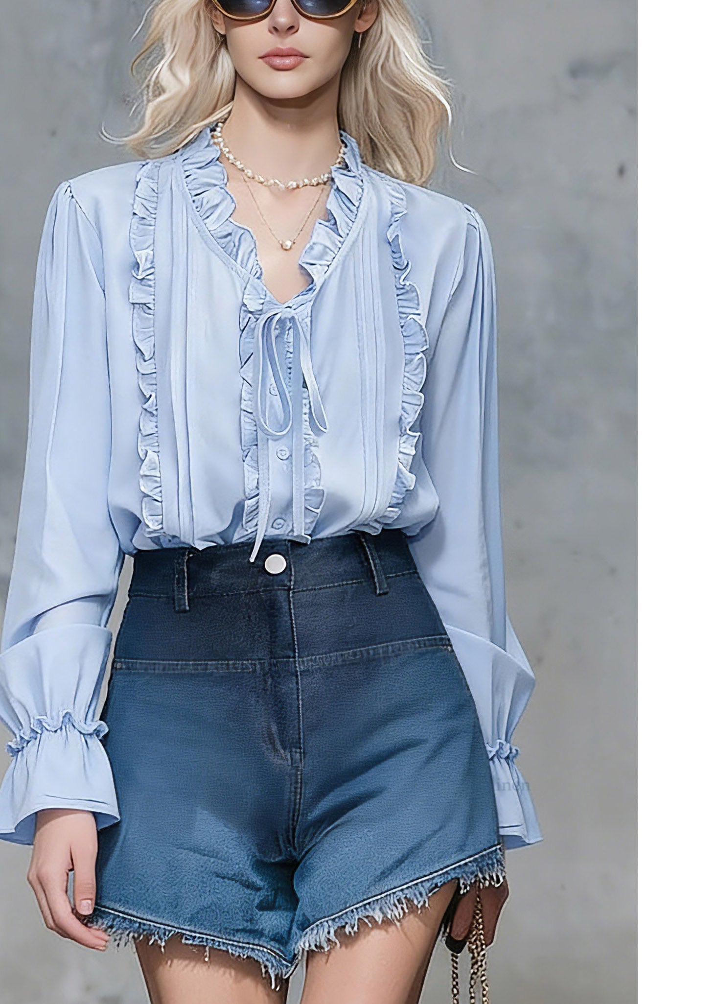 Natural Blue Ruffled Patchwork Tie Lace Shirts Spring