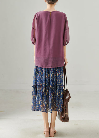 Natural Blue Ruffled Print Chiffon Skirt Spring
