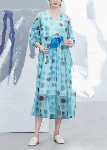 Natural Blue V Neck Cold Shoulder Dot Print Silk Dress Summer