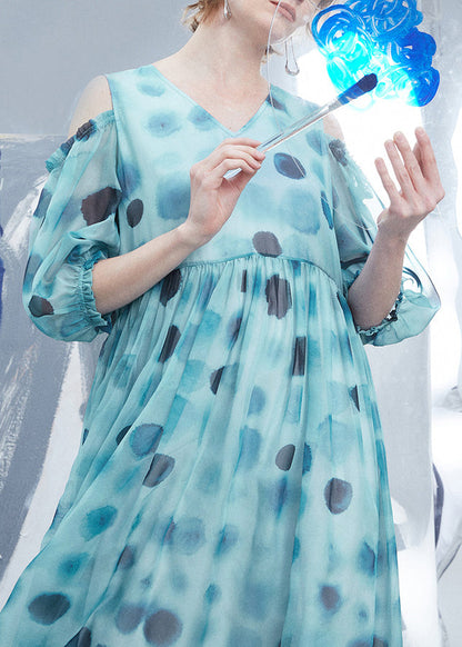 Natural Blue V Neck Cold Shoulder Dot Print Silk Dress Summer