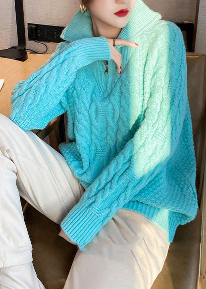 Natural Blue Zip Up Cozy Knitted Tops Spring