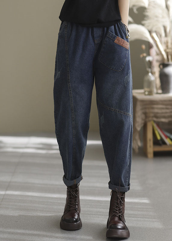 Natural Blue-sunflower Elastic Waist Pockets Denim Pants Spring