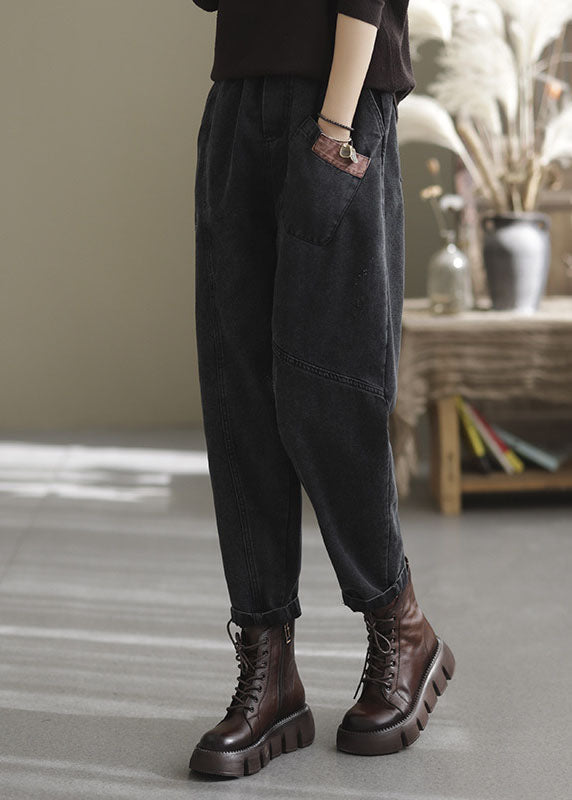 Natural Blue Elastic Waist Pockets Denim Pants Spring