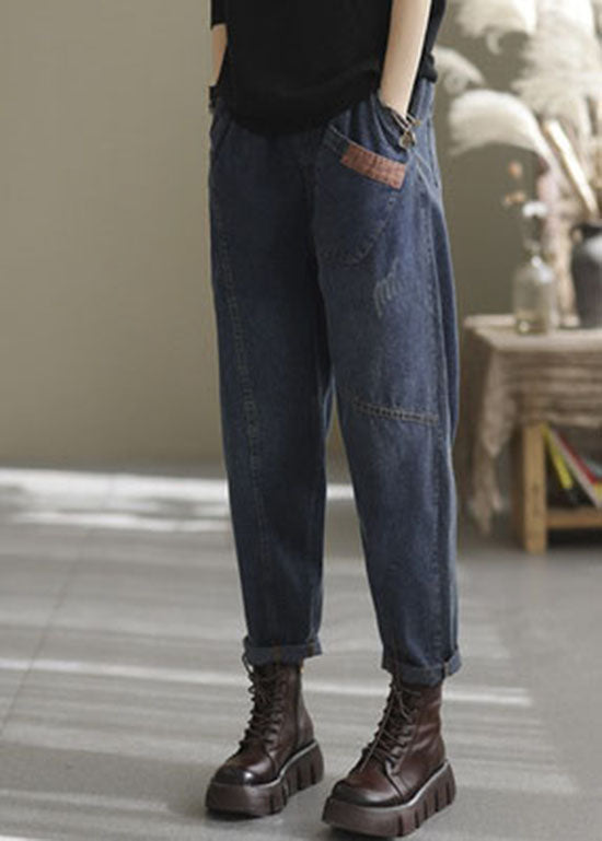 Natural Blue-blue Love Elastic Waist Pockets Denim Pants Spring