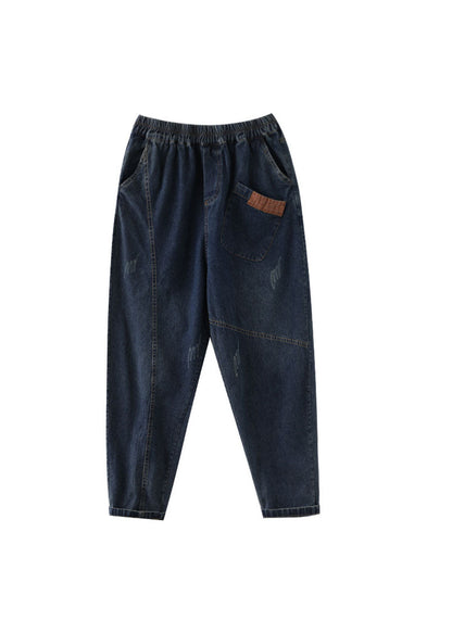 Natural Blue-blue Love Elastic Waist Pockets Denim Pants Spring
