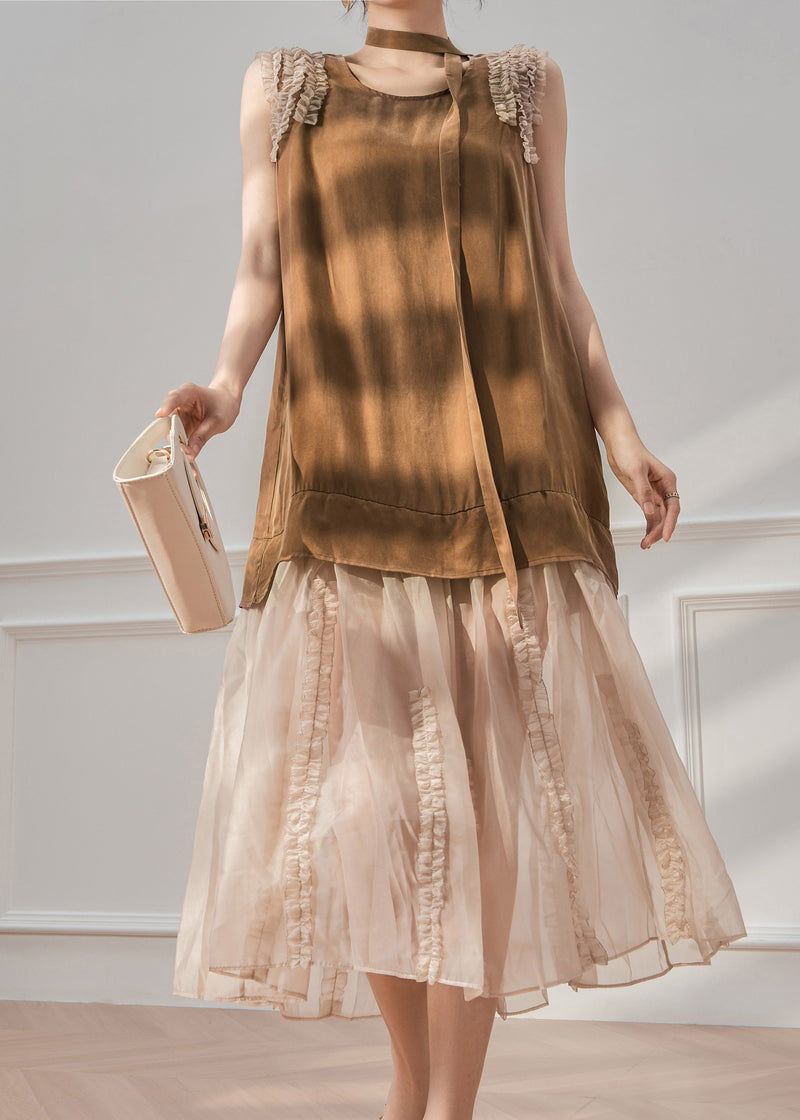 Natural Caramel O-neck Ruffled Tulle Patchwork Maxi Dress Sleeveless