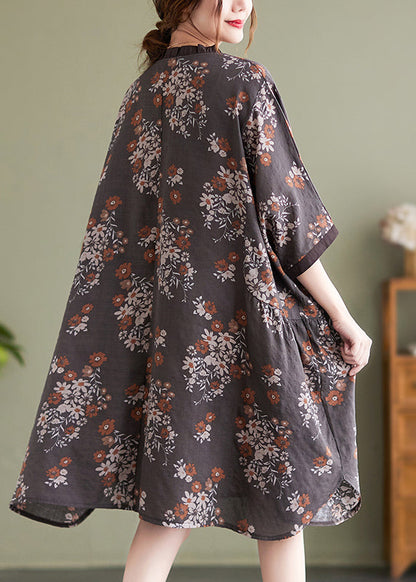 Natural Chocolate O-nec Ruffled Patchwork Print Mid Dress Half Sleeve