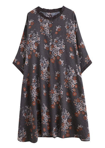 Natural Chocolate O-nec Ruffled Patchwork Print Mid Dress Half Sleeve