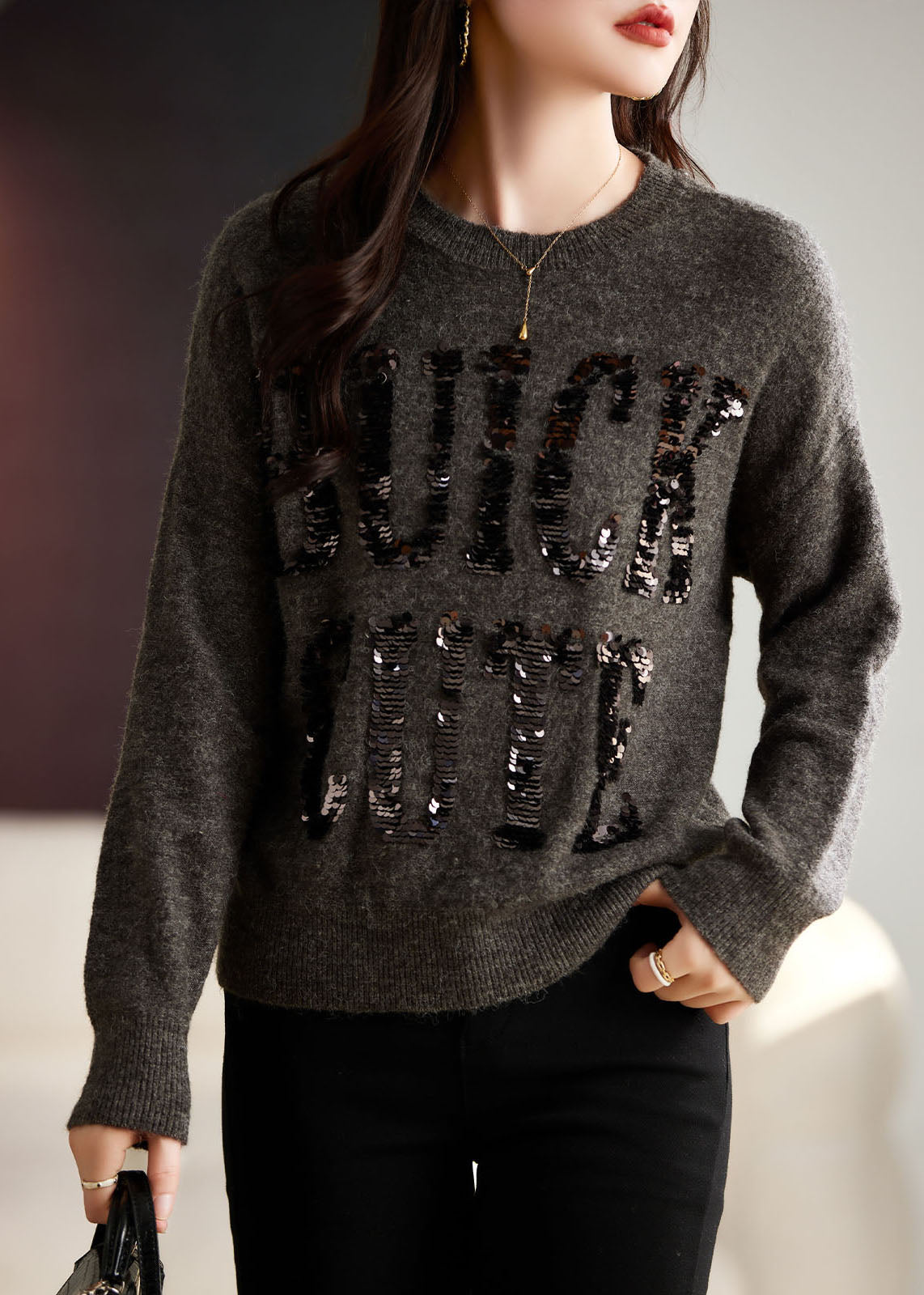 Natural Chocolate O-neck Sequins Cozy Cotton Knit Sweaters Long Sleeve