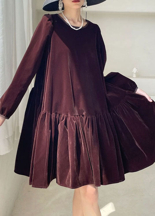 Natural Burgundy O-neck Velour Dress Winter