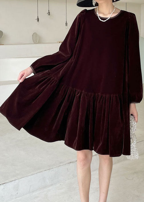 Natural Burgundy O-neck Velour Dress Winter