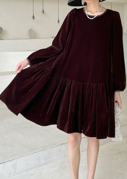 Natural Burgundy O-neck Velour Dress Winter