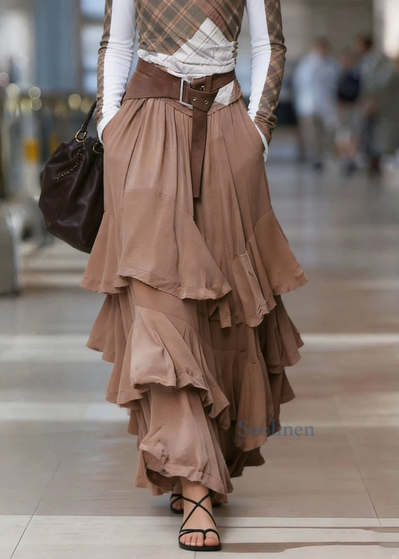 Natural Coffee Pockets Patchwork Ruffled Maxi Skirts Spring