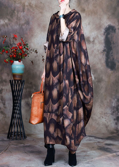 Natural Chocolate Hooded Button Print Asymmetrical Design Fall Dress Long Sleeve