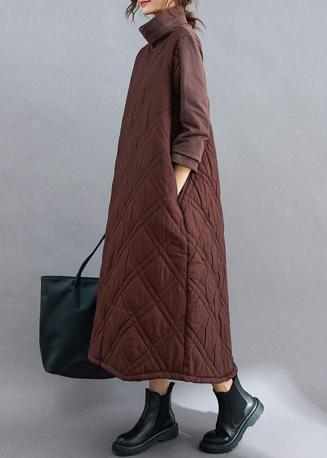 Natural Chocolate Thick Pockets Fine Cotton Filled Long Dress Winter