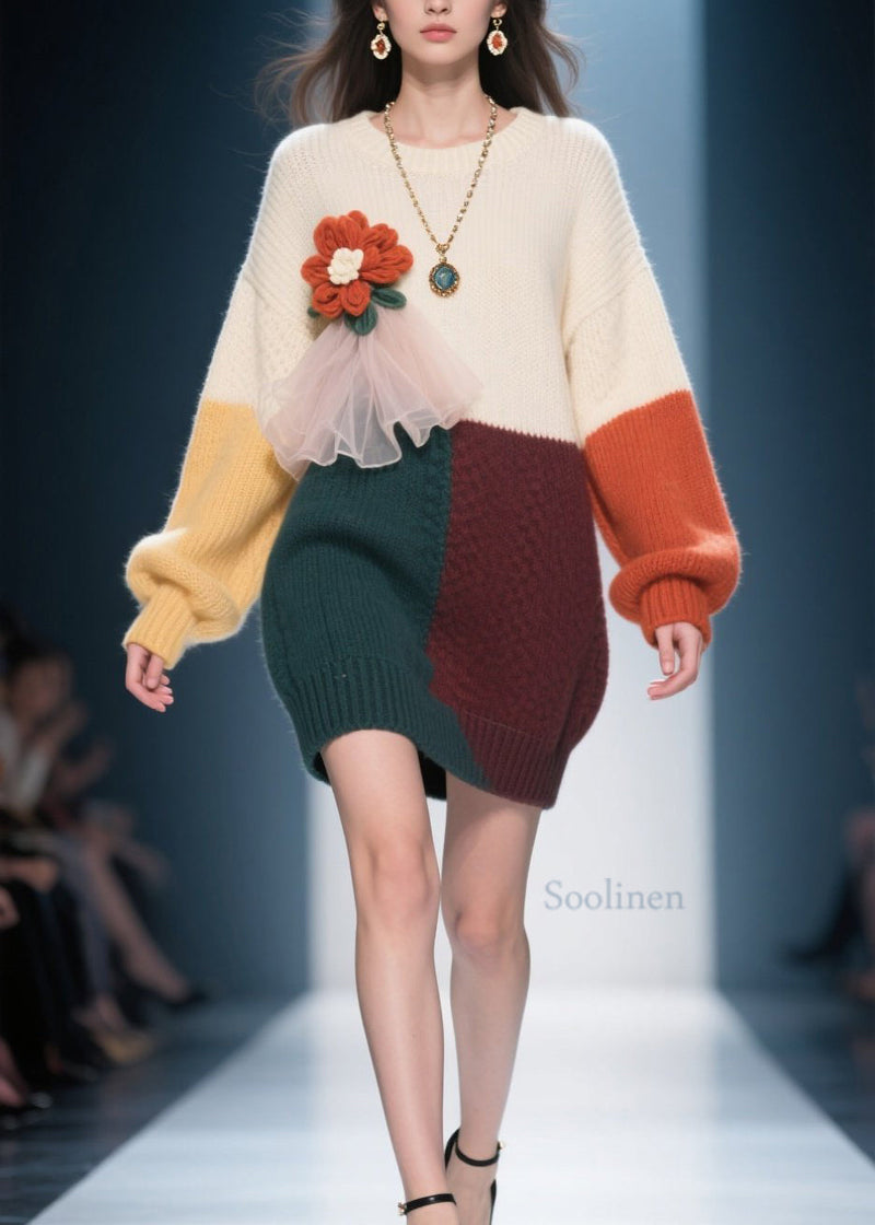 Natural Colorblock O Neck Knit Sweater Dress Winter