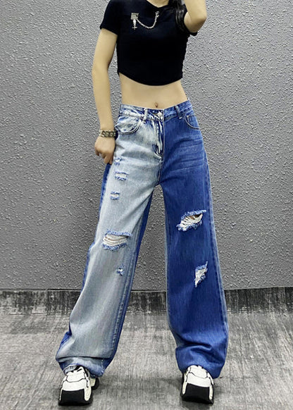 Natural Colorblock Pockets Ripped Denim Straight Pants Spring