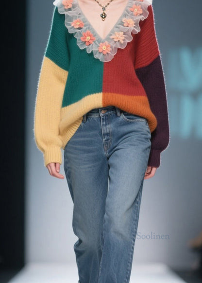 Natural Colorblock Ruffled Knit Sweaters Winter
