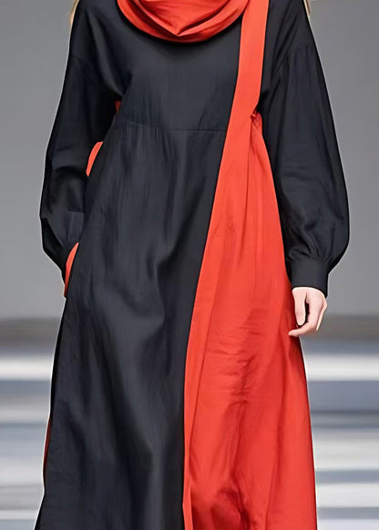 Natural Colorblock Turtle Neck Pockets Maxi Dresses Long Sleeve