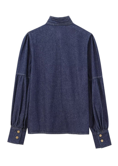 Natural Dark Blue Stand Collar Bow Patchwork Denim Shirt Spring
