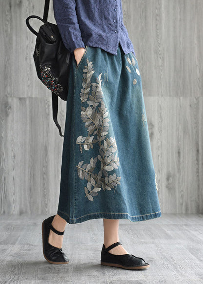 Natural Dark Blue Pockets Embroideried Cotton Denim Skirts Spring
