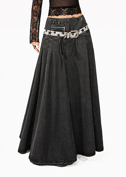 Natural Dark Grey Denim Patchwork a Line Skirt