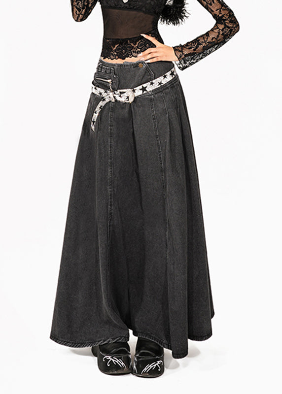 Natural Dark Grey Denim Patchwork a Line Skirt