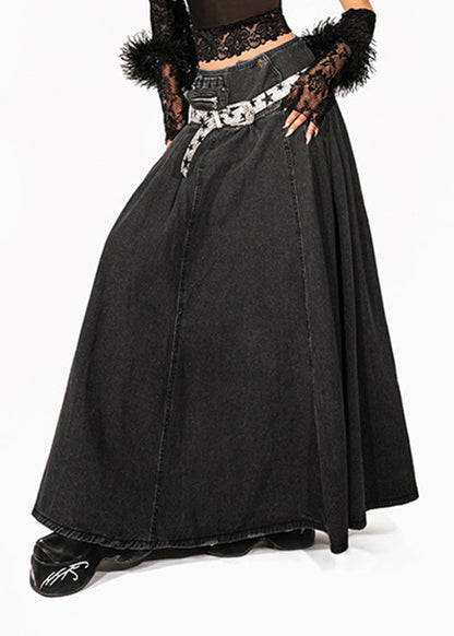 Natural Dark Grey Denim Patchwork a Line Skirt