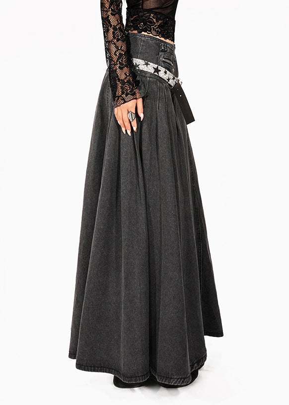 Natural Dark Grey Denim Patchwork a Line Skirt