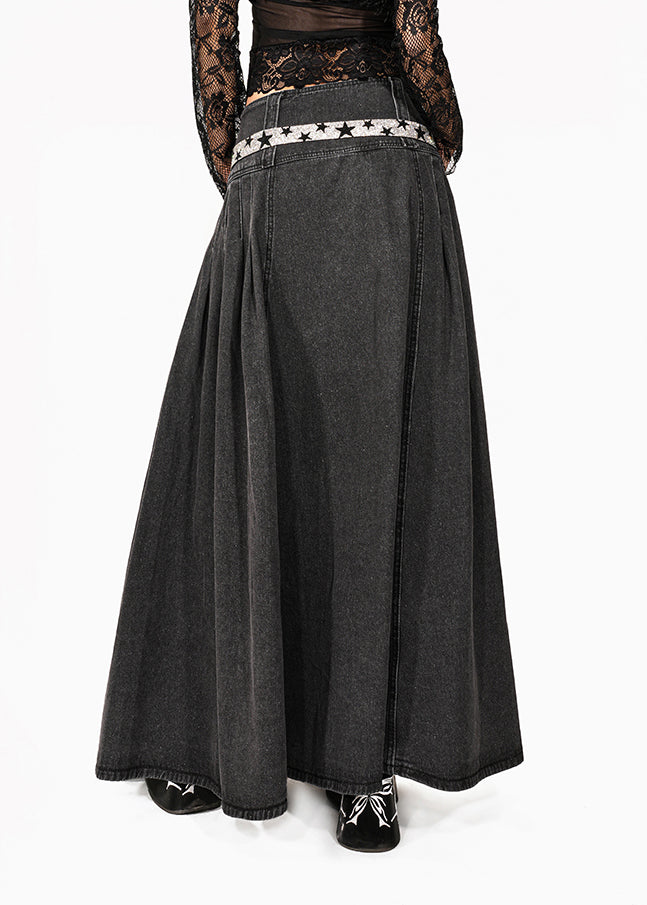 Natural Dark Grey Denim Patchwork a Line Skirt