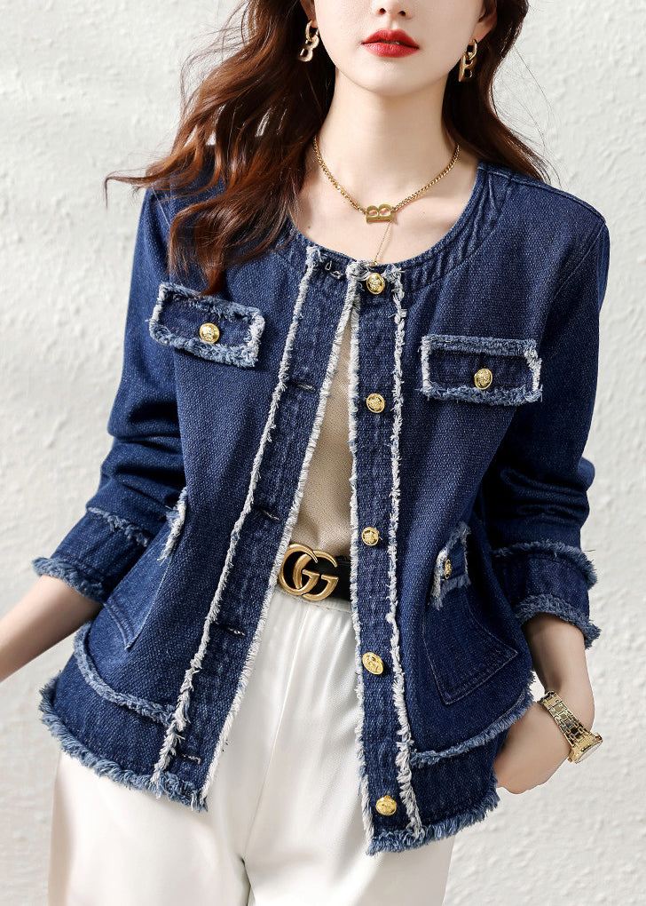Natural Denim Blue O-neck Patchwork Button Coat Long Sleeve