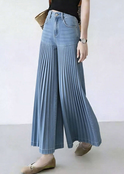 Natural Denim Blue Patchwork Wrinkled Crop Wide Leg Pants
