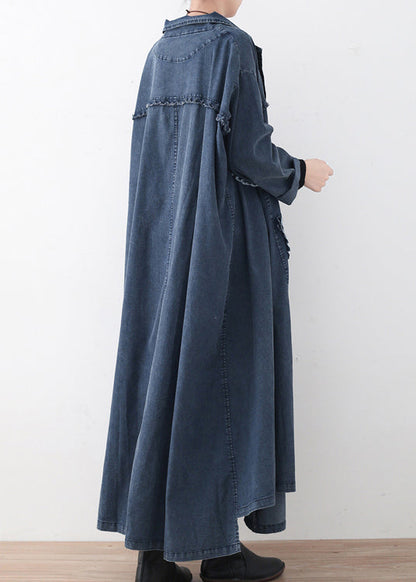 Natural Denim Blue Peter Pan Collar Patchwork Pockets Button Cotton Coats Long Sleeve