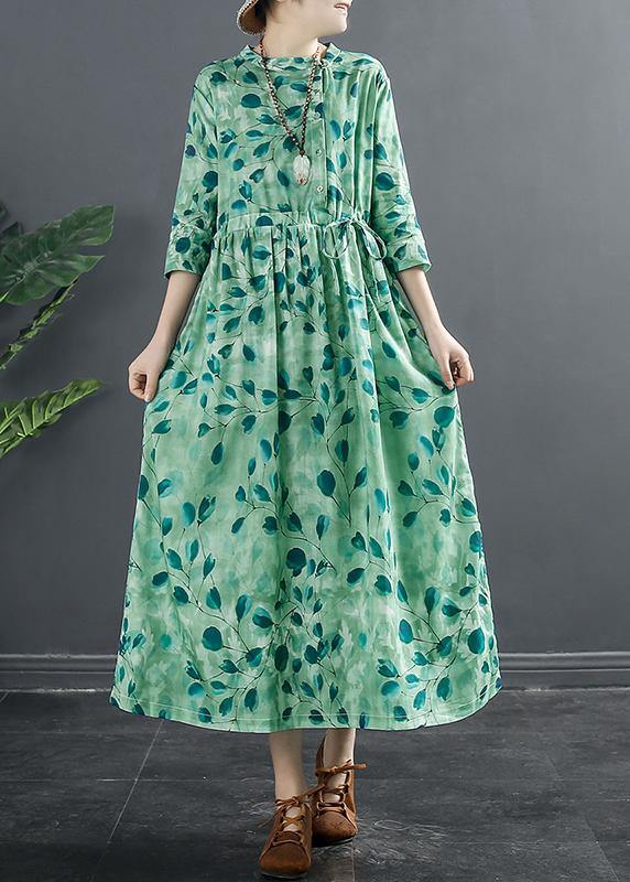 Natural Drawstring Dresses Photography Green Print a Line Dress