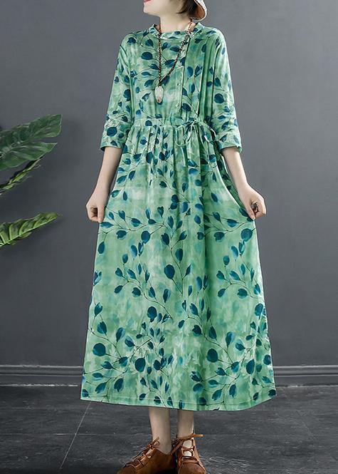 Natural Drawstring Dresses Photography Green Print a Line Dress