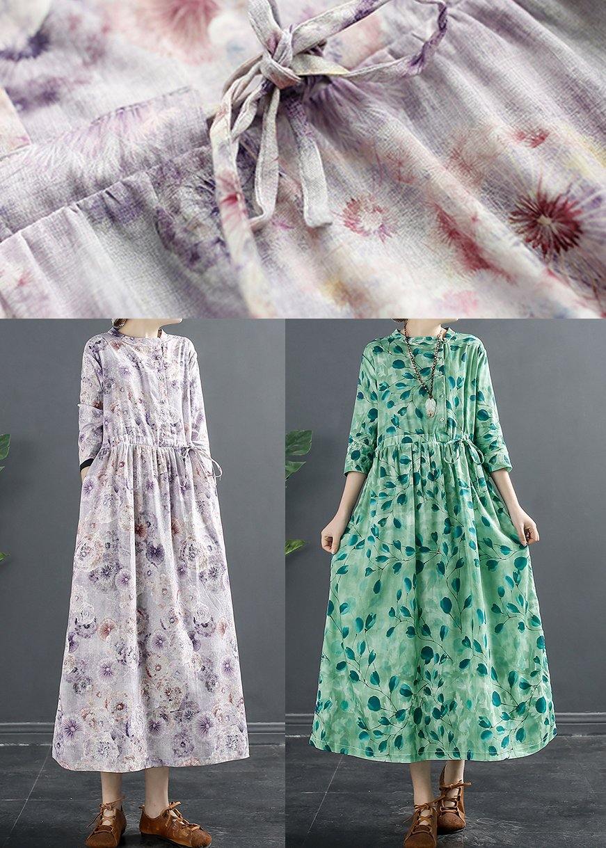 Natural Drawstring Dresses Photography Green Print a Line Dress