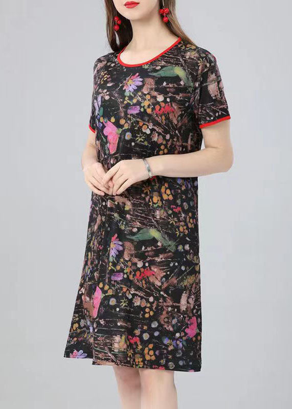 Natural O Neck Print Patchwork Cotton Mid Dress Summer