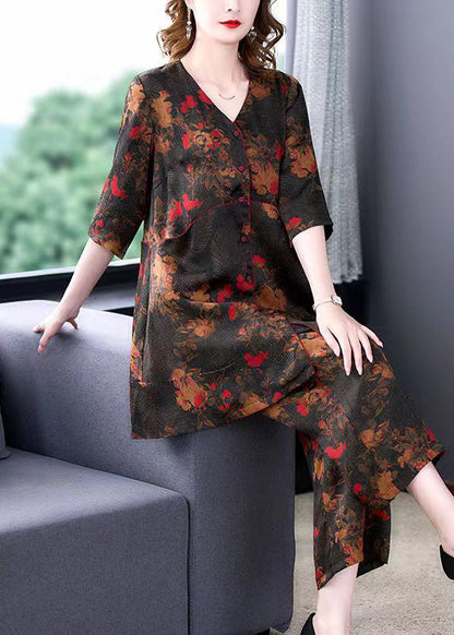 Natural V Neck Print Tops and Pants Silk 2 Piece Outfit Summer