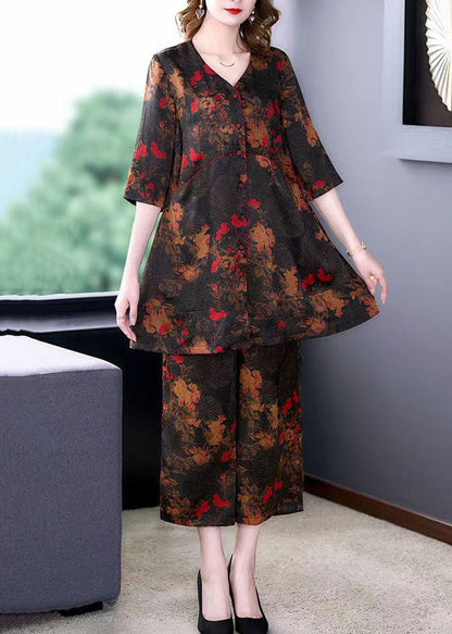 Natural V Neck Print Tops and Pants Silk 2 Piece Outfit Summer