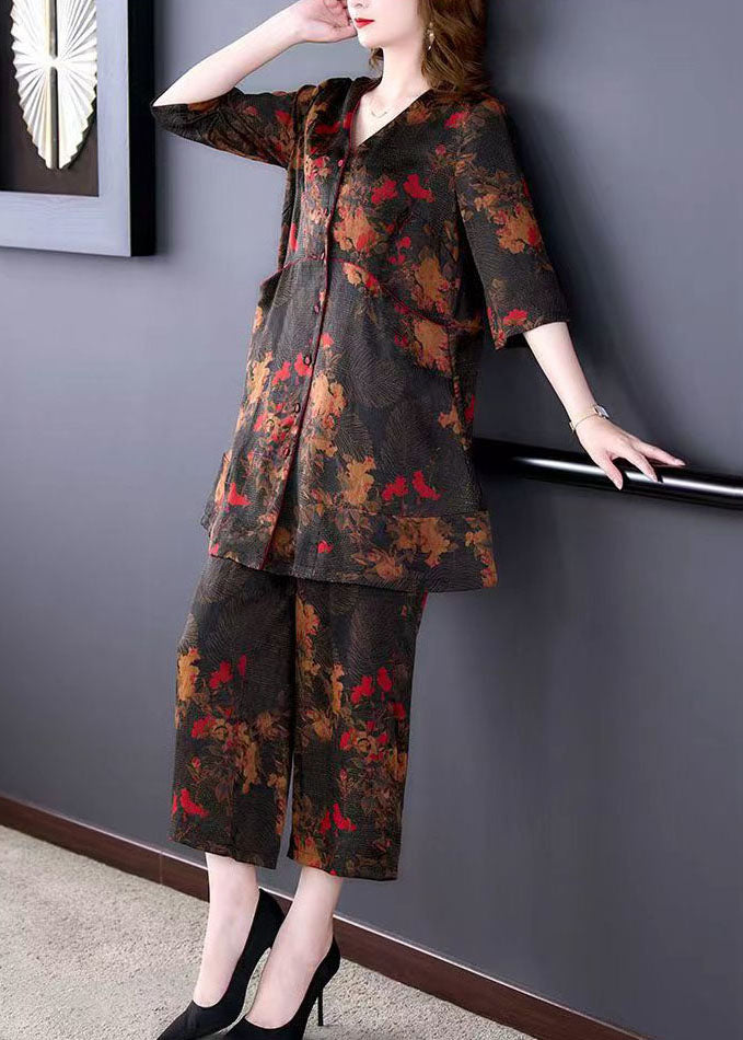 Natural V Neck Print Tops and Pants Silk 2 Piece Outfit Summer