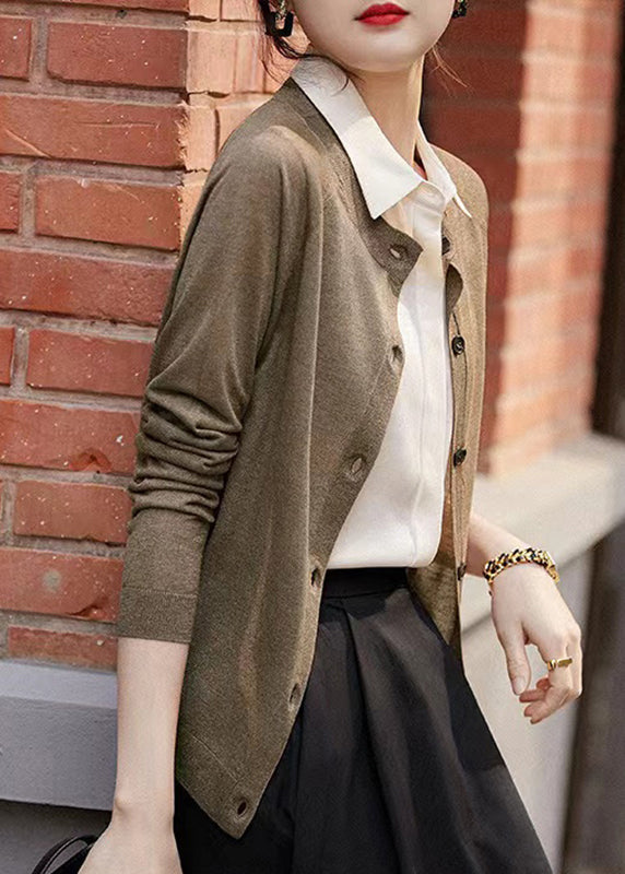 Natural Gilded Camel O-neck Button Knit Cardigan Long Sleeve