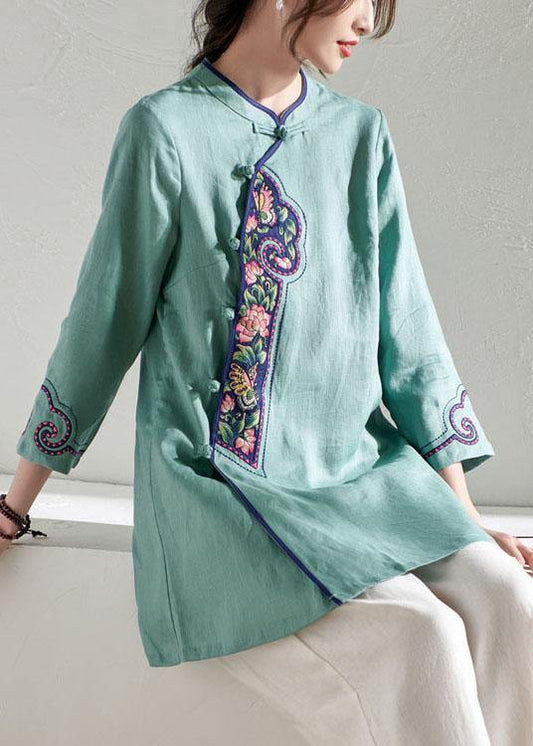 Natural Green Embroideried Button Spring Summer Linen Tops