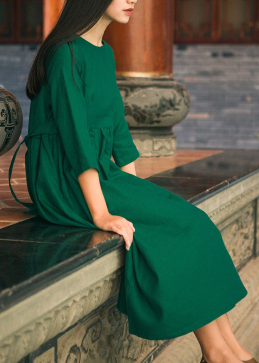 Natural Green O-neck Cinched Sashes Print Linen Dress Three Quarter Sleeve